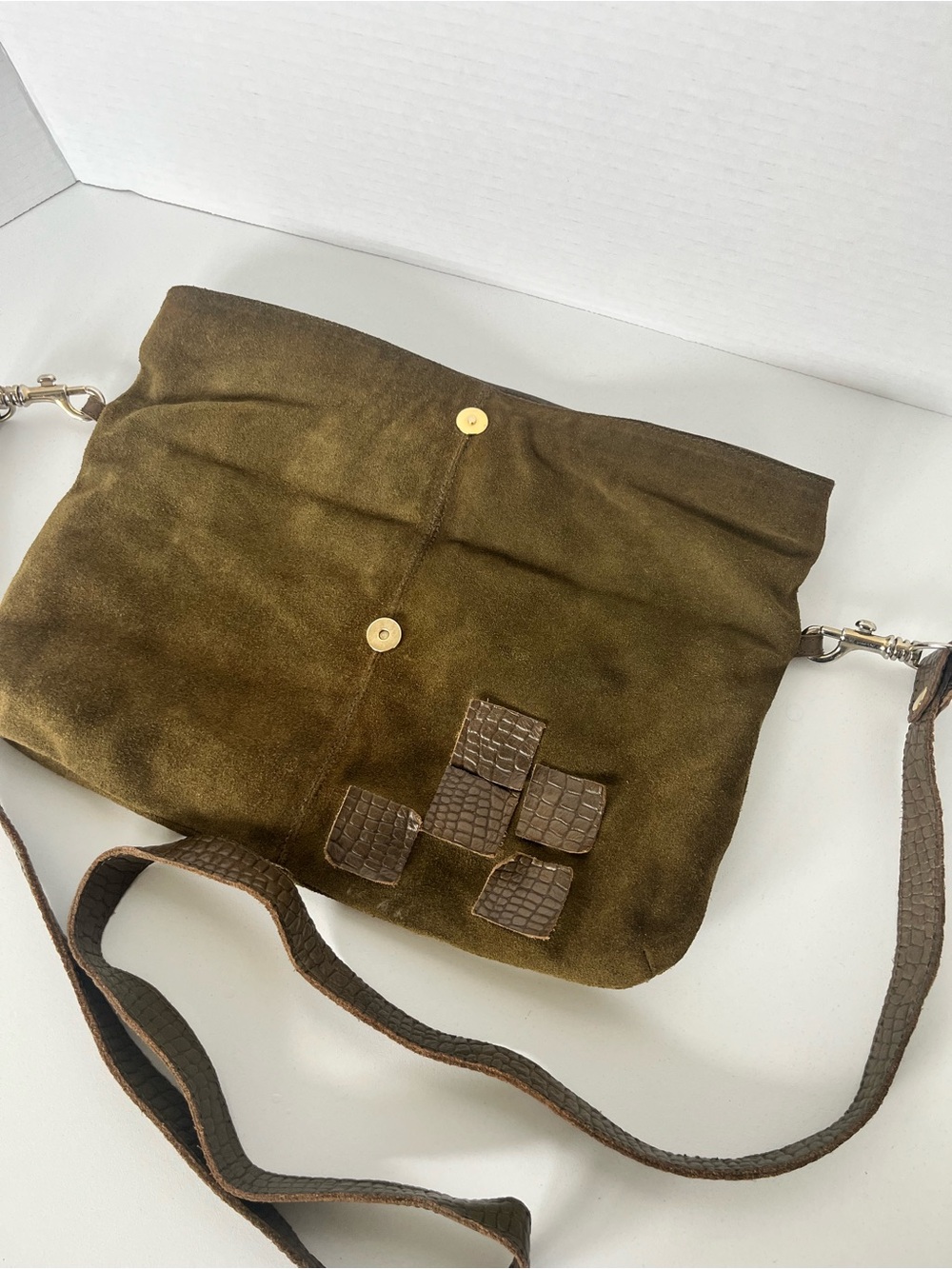 Olive Green Suede Crossbody Bag with Textured Square Accents